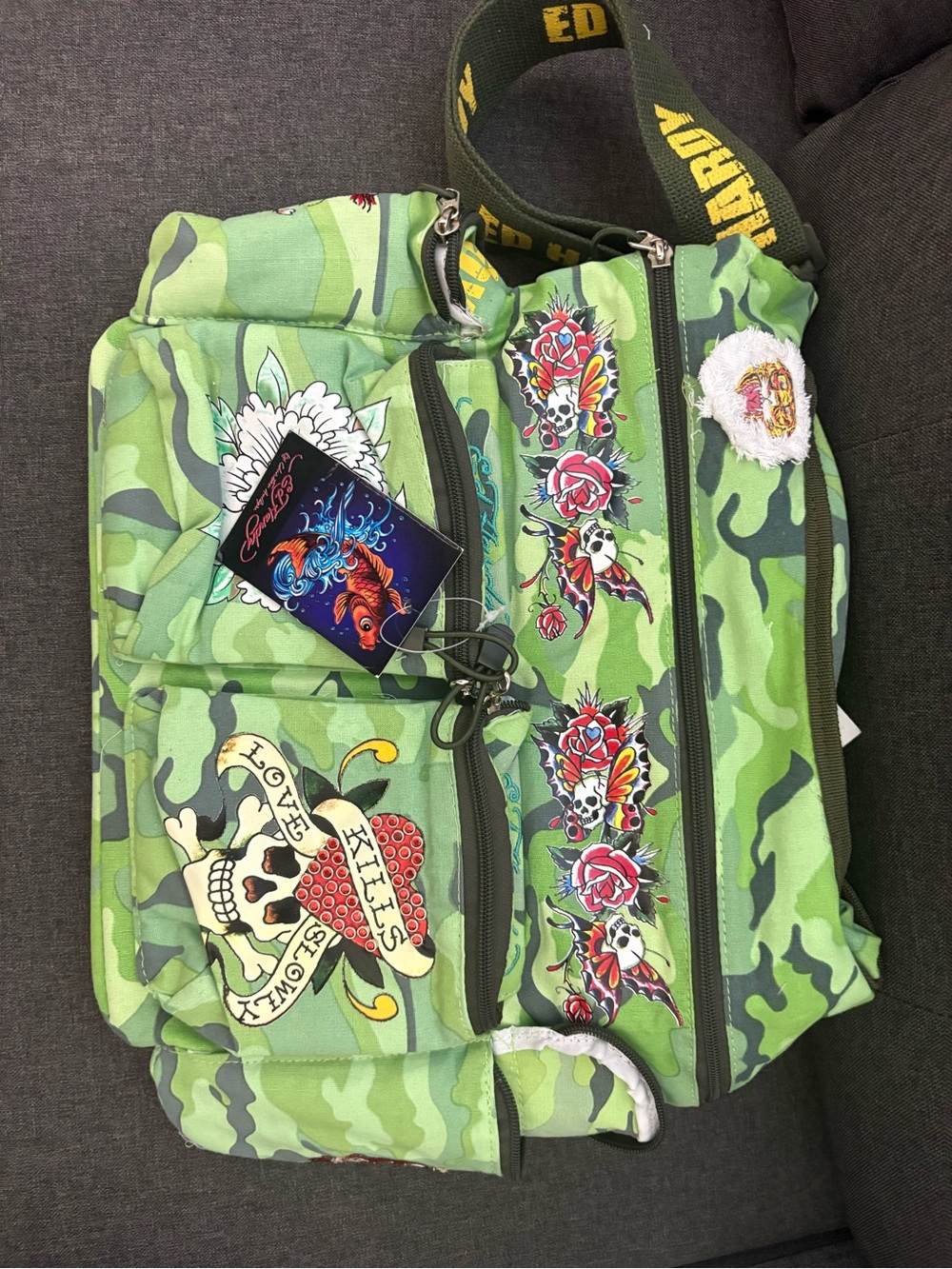Ed Hardy Green Camo Tote with Floral Skull Embroidery